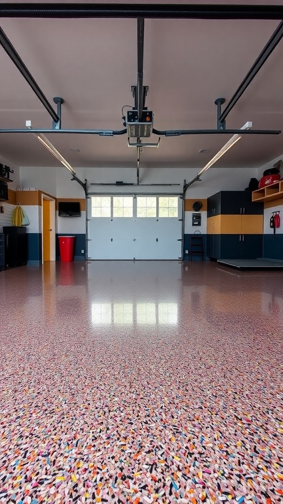 A spacious living area with colorful flake epoxy flooring, featuring warm tones and a glossy finish.