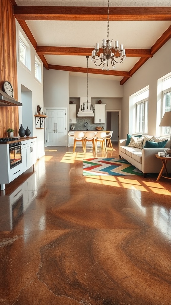 A bright kitchen and living room with a brown epoxy floor and colorful geometric rug.