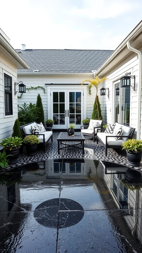 Colorful geometric epoxy floor design in a patio area with chairs and greenery.