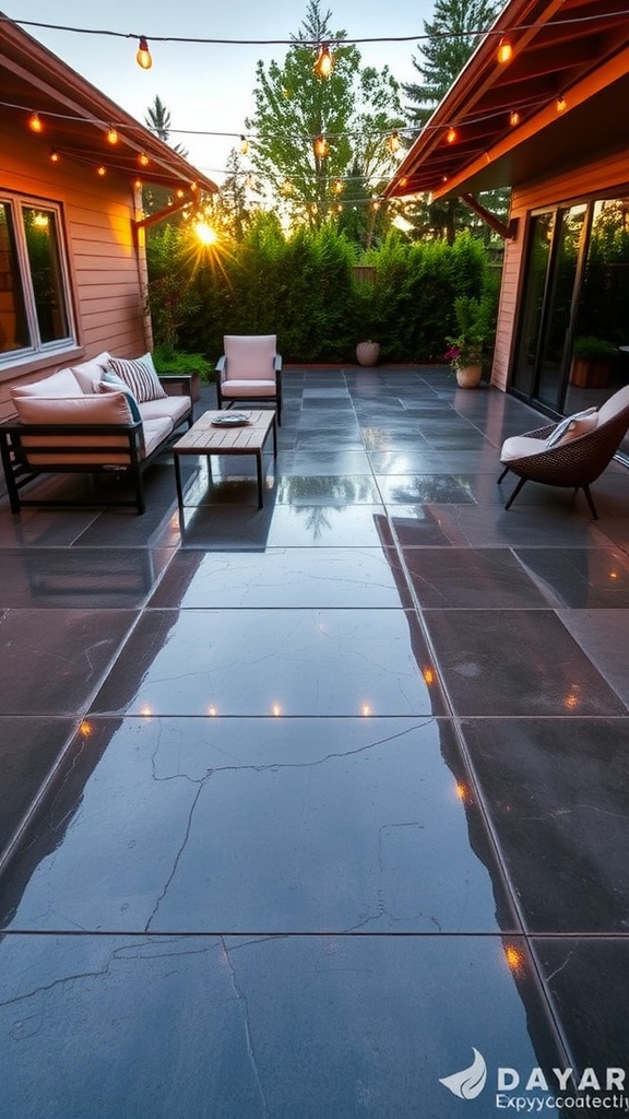 Colorful geometric epoxy floor design in a garage with a luxury car.