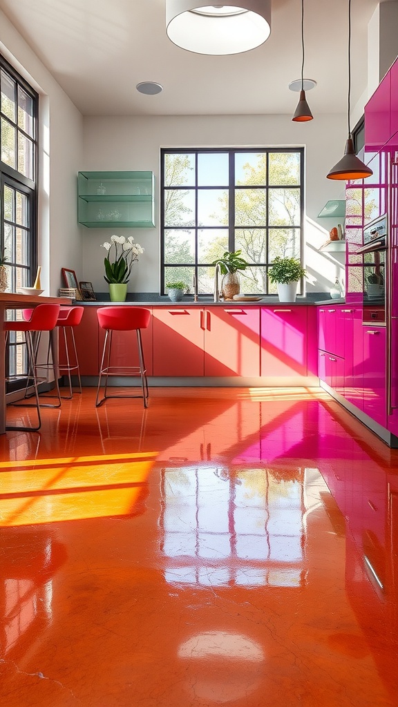 A kitchen featuring colorful geometric epoxy flooring with vibrant patterns and modern decor.
