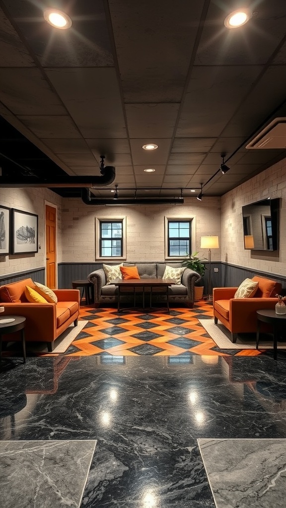 A modern basement with colorful geometric pattern epoxy flooring, featuring orange and black tiles, cozy seating, and a stylish design.
