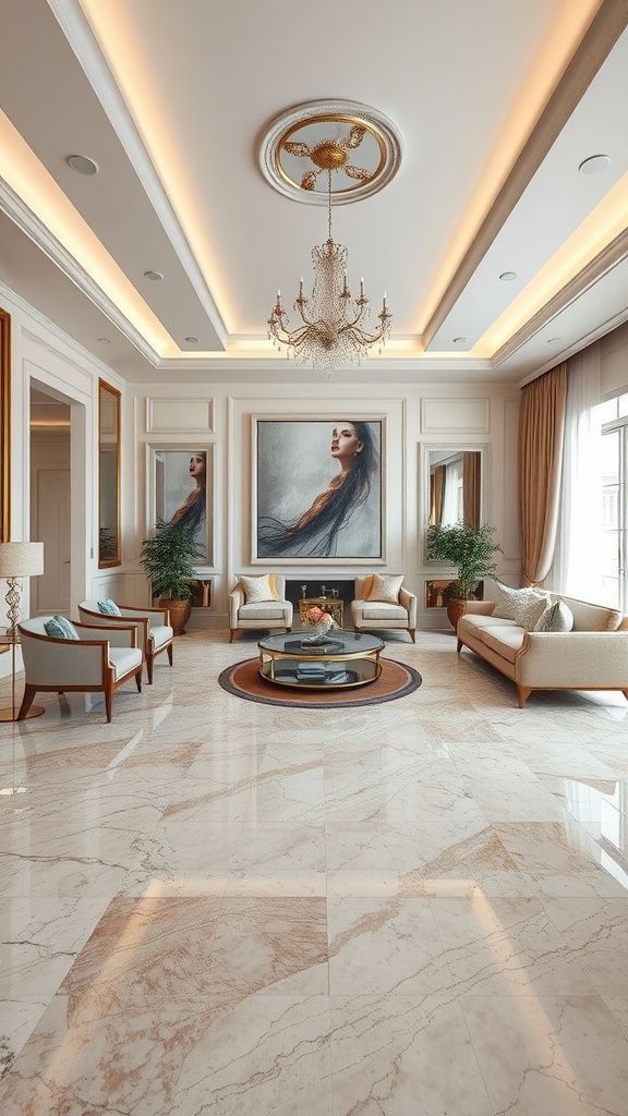 A room featuring a colorful geometric patterned epoxy floor with a blue couch and modern decor.