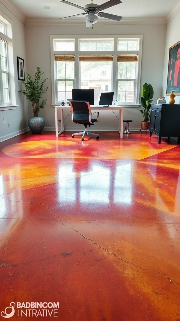 A vibrant epoxy concrete floor with colorful geometric patterns in a modern interior setting.