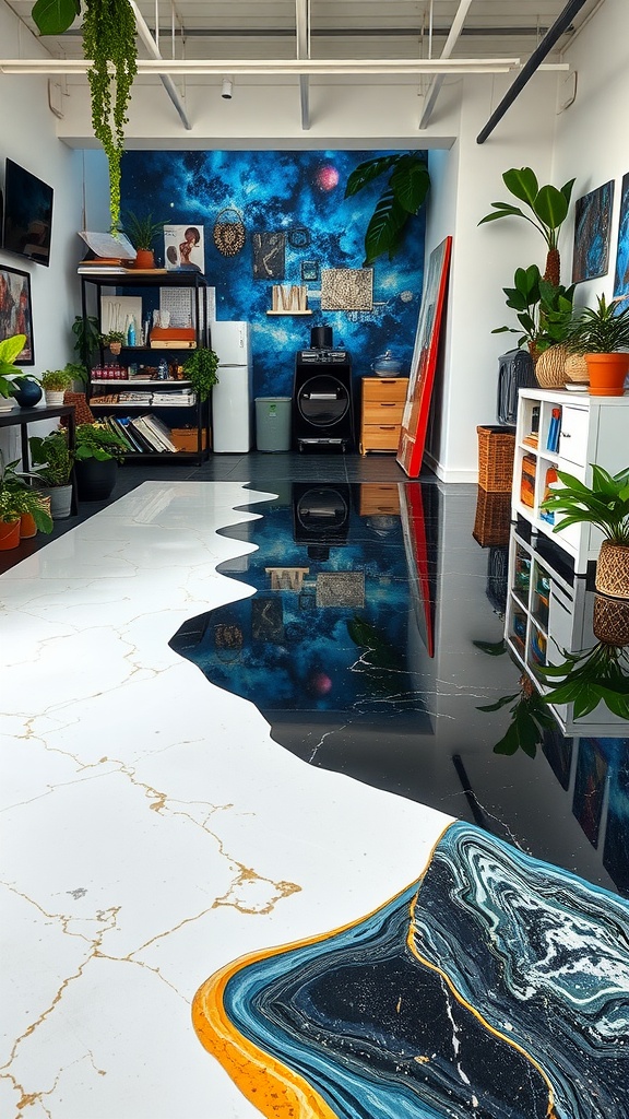 Colorful geometric epoxy floor with a marble effect in a contemporary room