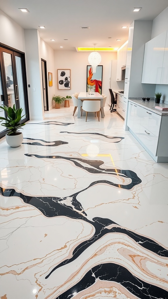 A beautifully designed marble epoxy floor featuring black and gold patterns on a white background, creating a modern and stylish home interior.