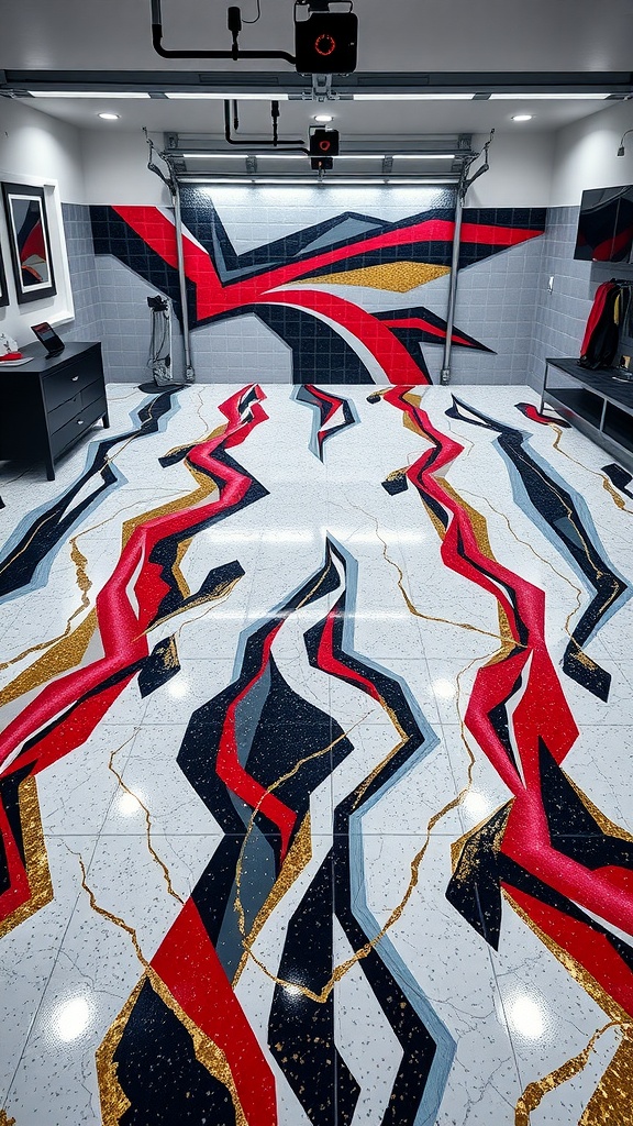 Colorful geometric patterns in a modern epoxy garage floor, featuring reds, blacks, golds, and whites.