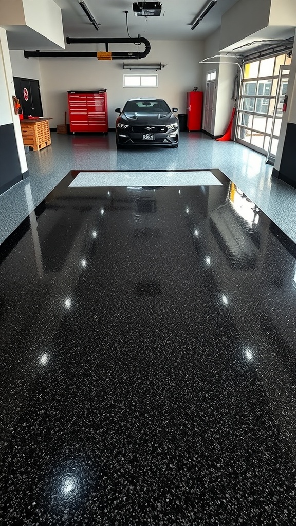 A modern garage featuring a shiny black epoxy floor with silver flakes, showcasing a stylish and functional space.