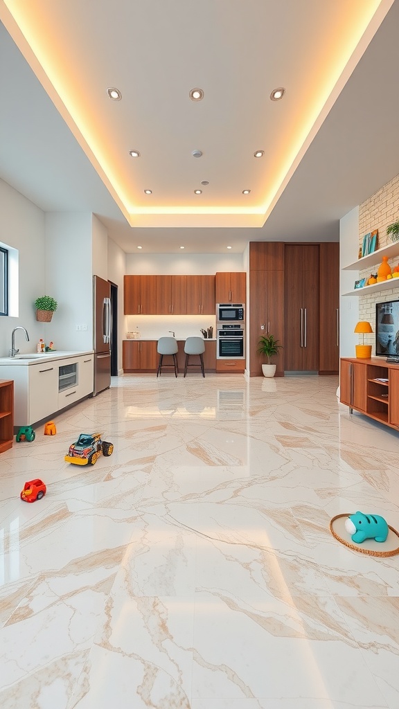 A modern kitchen with glossy marble epoxy flooring and colorful toys scattered on the floor.