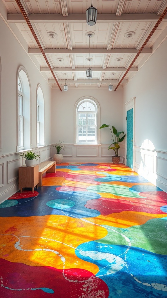 Colorful mosaic epoxy floor design in a spacious kitchen area