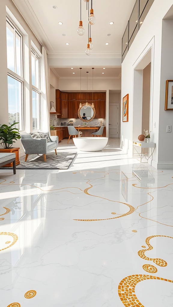A modern living area with a white epoxy floor featuring golden mosaic patterns.
