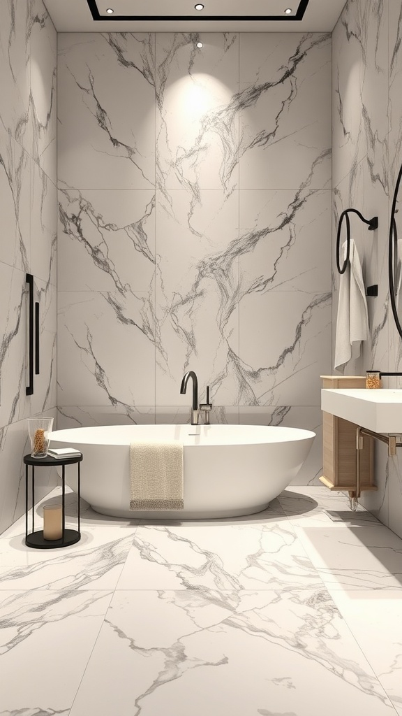 A bright and colorful mosaic epoxy floor in a modern bathroom, featuring patterns in various hues surrounded by neutral tiles.