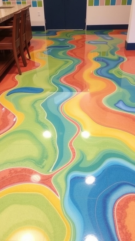 Colorful mosaic tile wall and floor design with various patterns and colors
