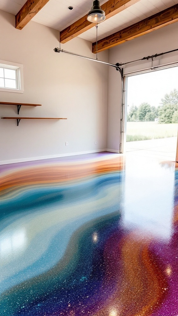 Bright epoxy floor with colorful ombre finishes in a garage setting