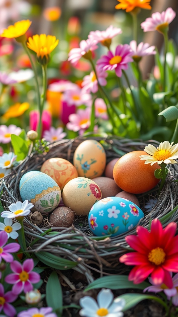 A nest of colorful painted eggs surrounded by flowers in a garden.