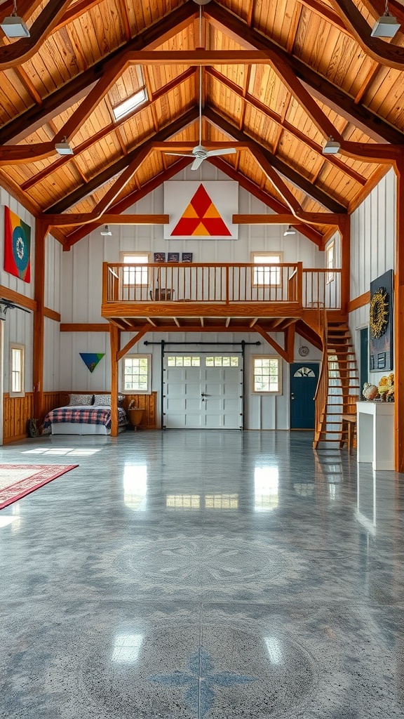 Interior of a barn with wooden beams and an epoxy floor featuring colorful patterns.
