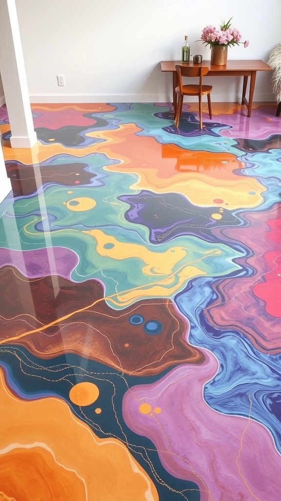 Colorful epoxy floor design featuring a river stone effect with vibrant swirls of color.