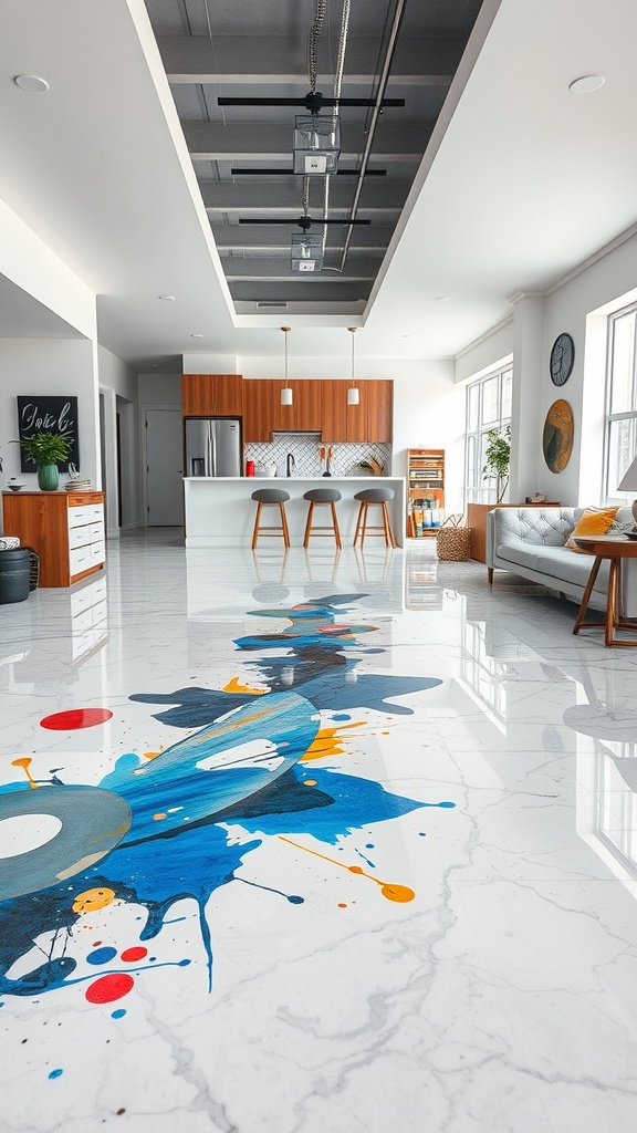 A modern kitchen with colorful splatter epoxy flooring, showcasing vibrant blue, red, and yellow designs.