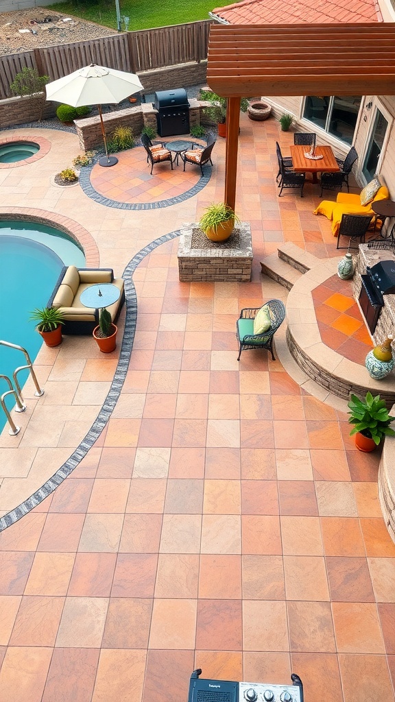A colorful stained concrete patio with a wooden deck, featuring a pool and outdoor seating.