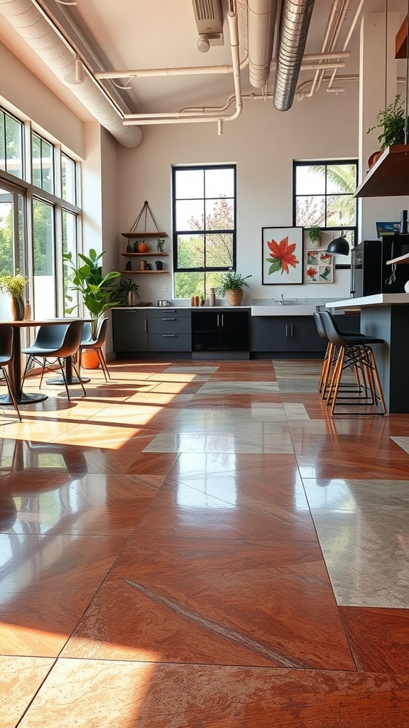 A modern kitchen with polished stained concrete floors featuring rich tones and a glossy finish, complemented by stylish furniture and large windows.