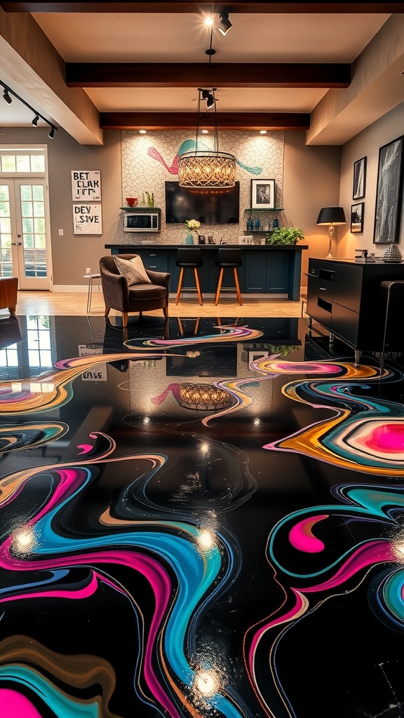 Colorful epoxy floor with swirls in a modern home bar setting