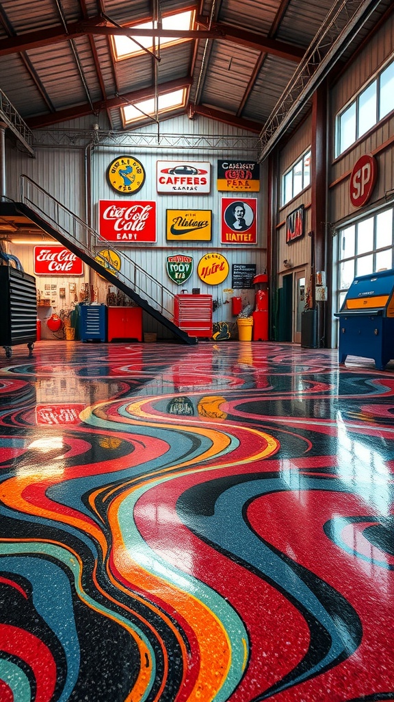 Colorful epoxy flooring with swirls in a workshop, featuring vintage signs on the walls.