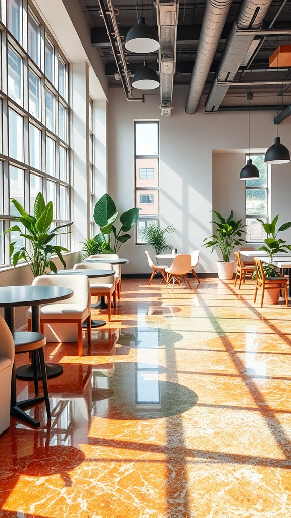 A modern interior showcasing colorful terrazzo-style epoxy flooring with unique patterns and textures.