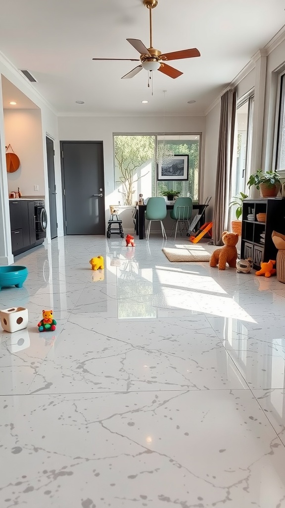 A bright room with marble epoxy flooring, showcasing colorful toys and modern furniture.
