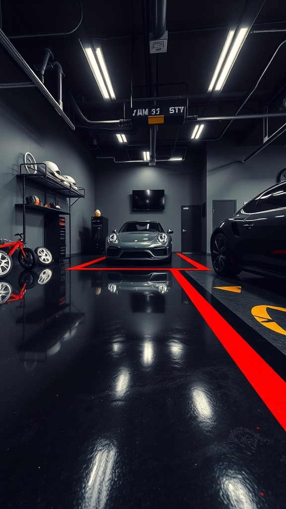 A stylish garage featuring a combination of matte and gloss epoxy flooring, with sleek cars and modern lighting.