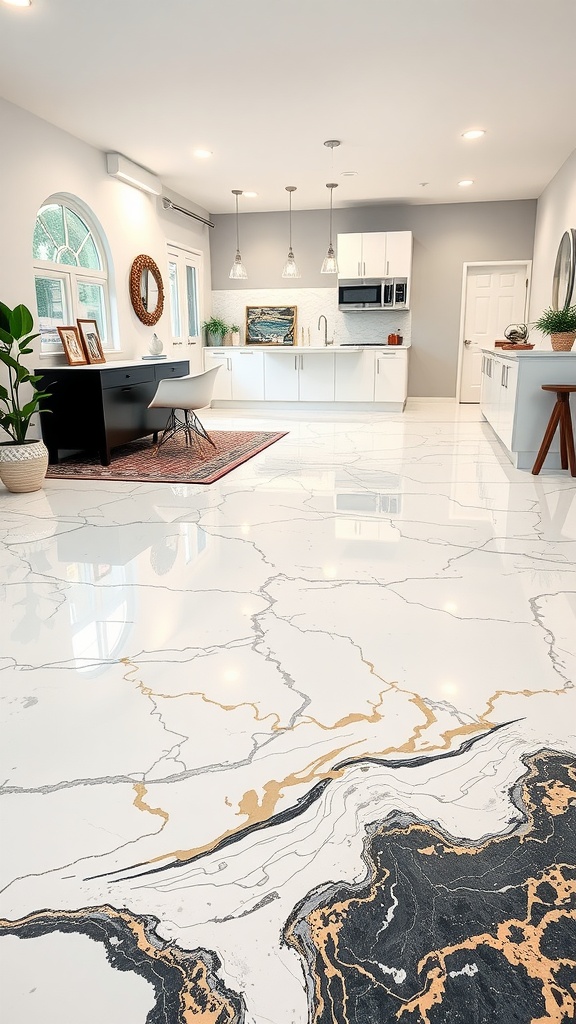 A bright kitchen with a marble epoxy floor featuring white, black, and gold patterns.