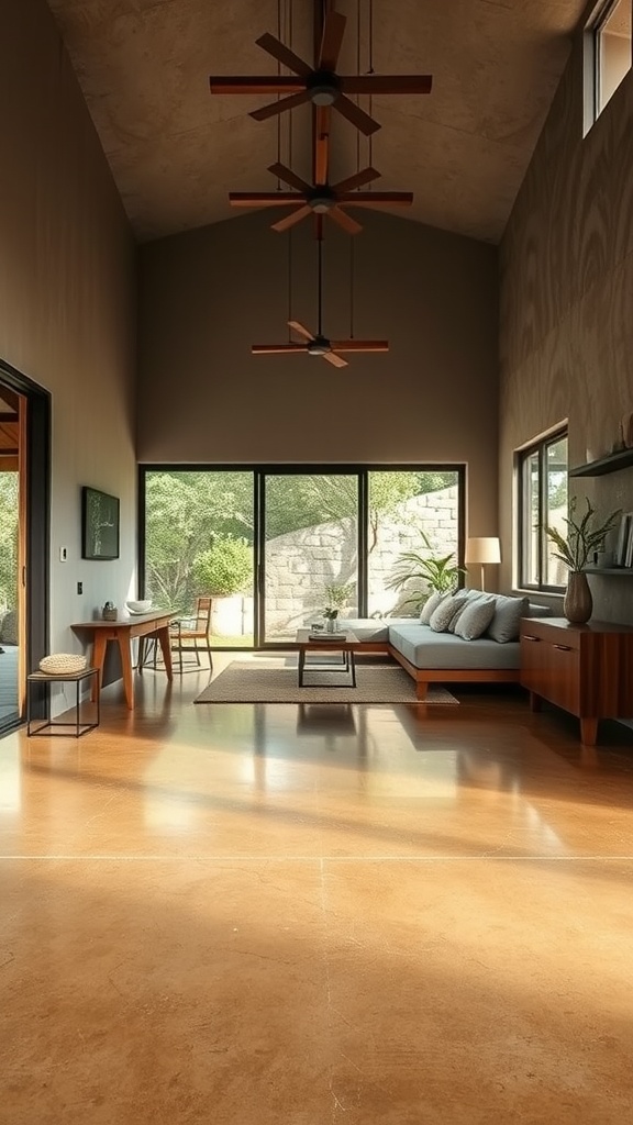 A modern living room with tan cement floors, wooden furniture, and large windows.