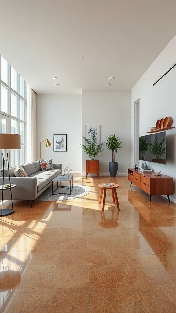 Living room with warm epoxy floors, large windows, modern furniture including orange chairs, and decorative elements.