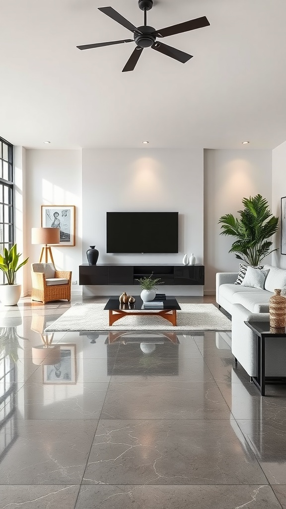 Modern living room with gray epoxy floors, contemporary furniture, and plants.