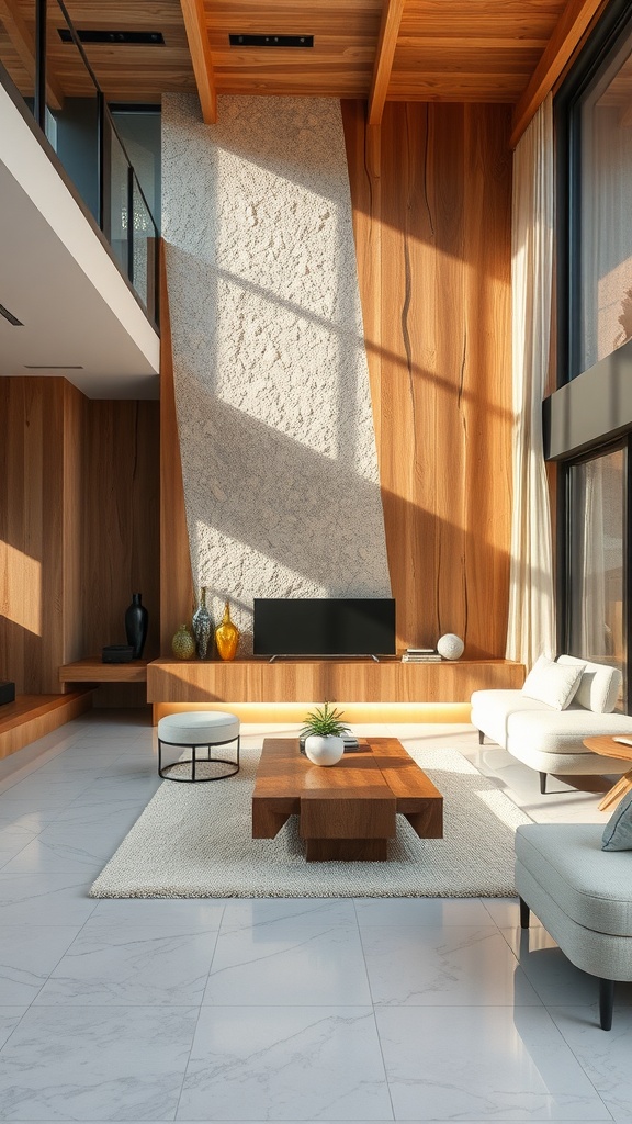 Cozy living room featuring epoxy flooring and natural wood elements