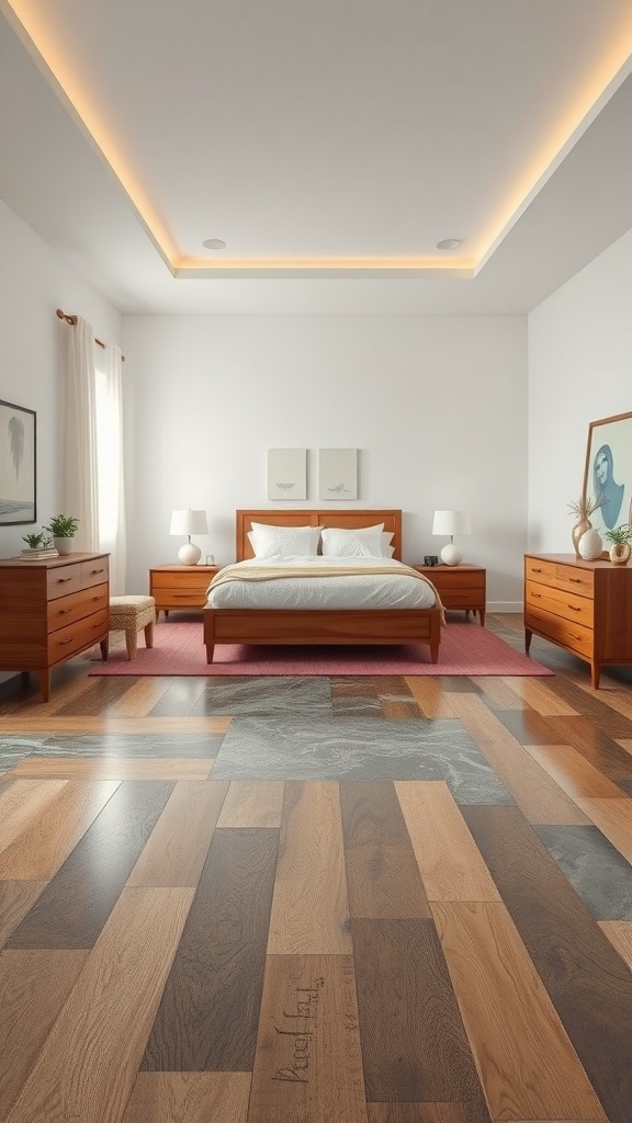A stylish bedroom featuring a combination of epoxy and wood flooring, wooden furniture, and soft decor elements.