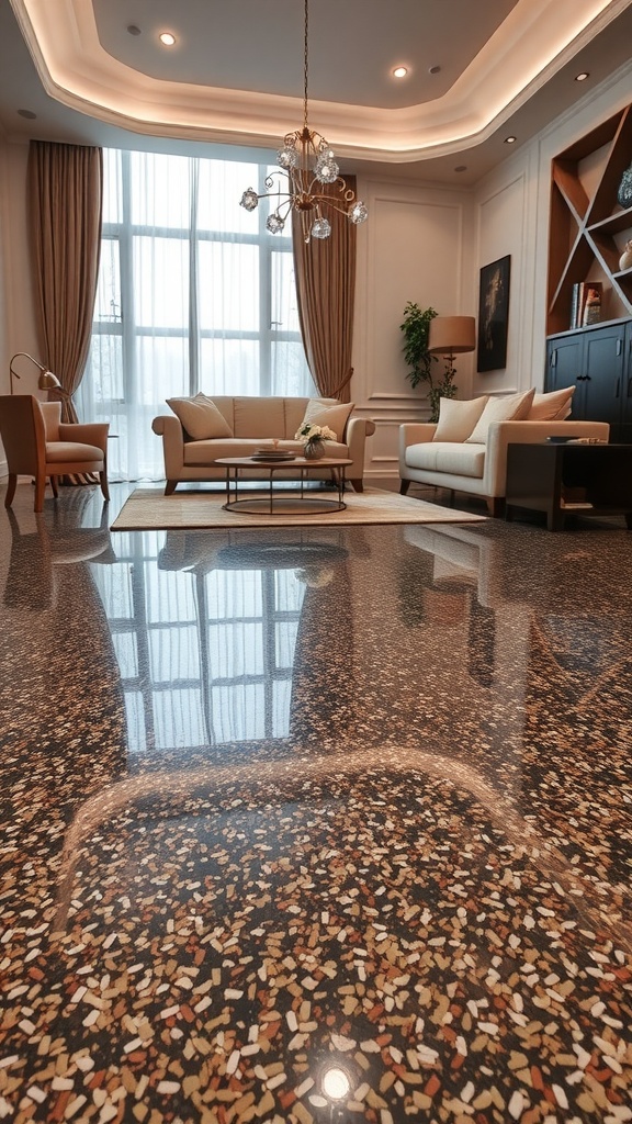 A modern living area with luxurious epoxy flooring and underfloor heating, showcasing a sleek design and warm lighting.