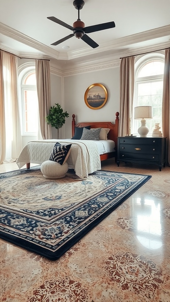 A bright bedroom featuring epoxy flooring and an area rug, showcasing plants and furniture.
