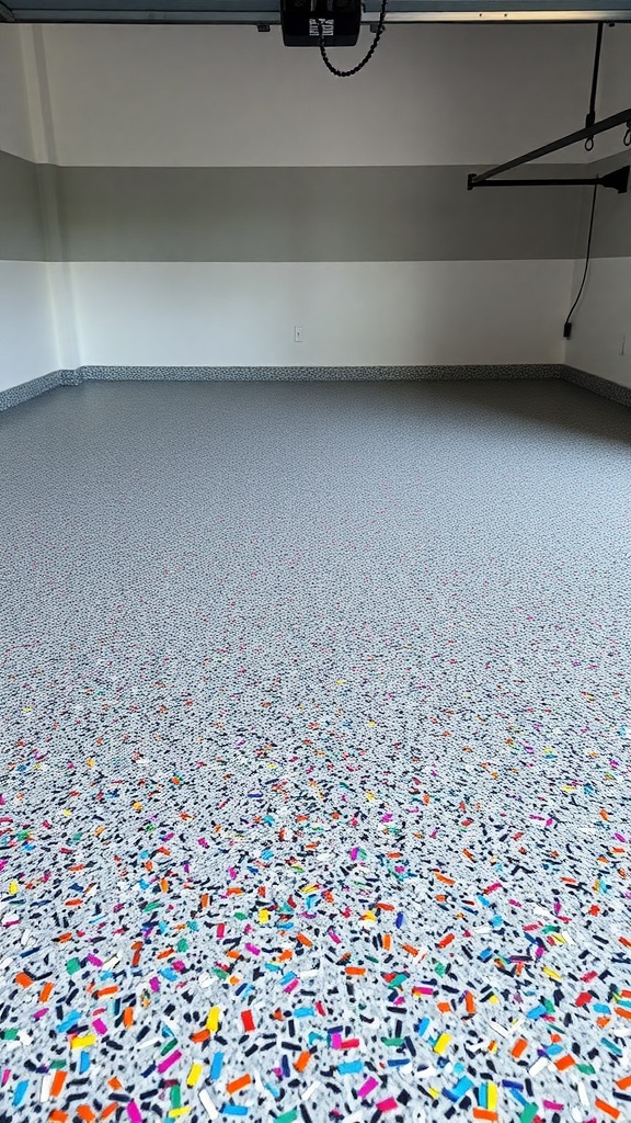A freshly applied epoxy garage floor with colorful decorative flakes.