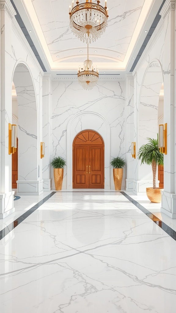 A grand staircase featuring epoxy flooring with intricate patterns, glass railings, and natural stone elements.