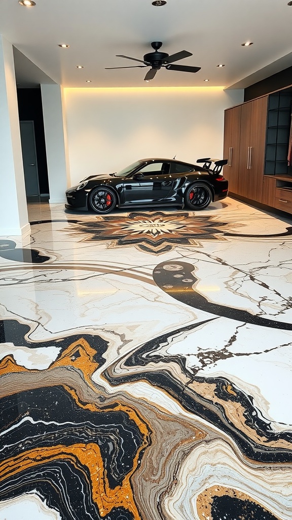 A luxury garage with a metallic epoxy floor featuring a bold design, complemented by a sleek black car.