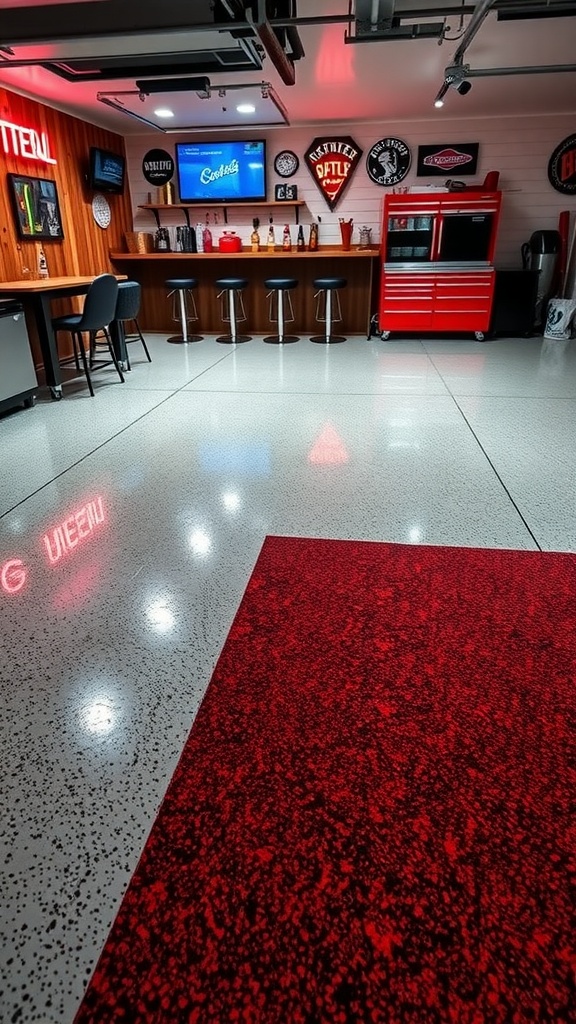A stylish garage bar with a polished epoxy floor, showcasing a sleek bar setup and a vibrant atmosphere.