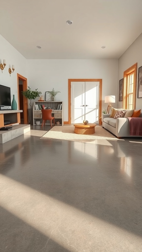 A modern interior with polished concrete flooring, showcasing a bright and inviting living space.