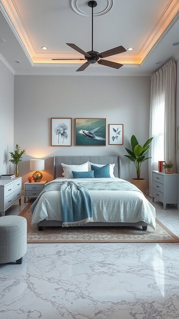 A bright and inviting bedroom with wooden flooring, a white bed, and natural light filtering through large windows.