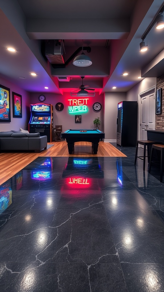 A stylish game room basement featuring a seamless metallic epoxy floor, arcade games, and neon lights.