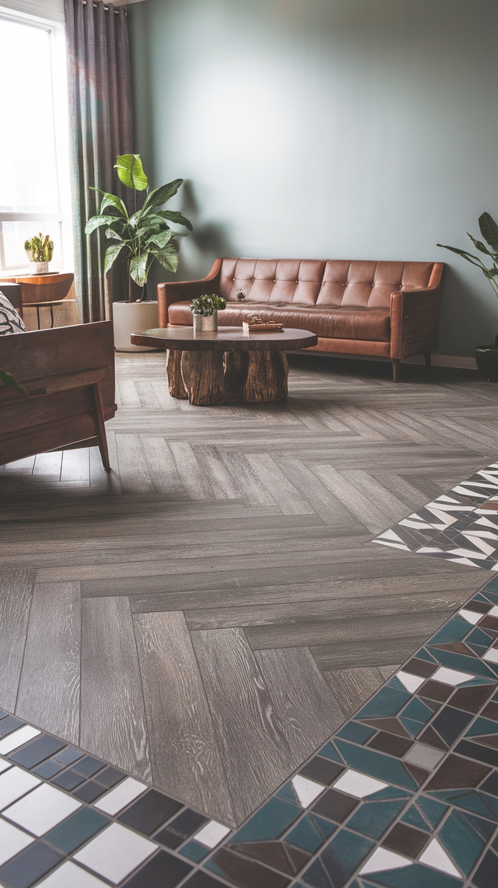 A modern living room with herringbone patterned wood grain epoxy floors and a cozy brown leather sofa.
