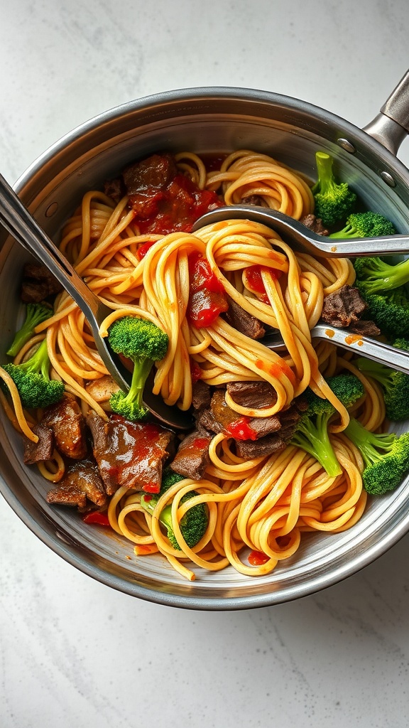 A bowl of beef and broccoli lomein with noodles, broccoli, and beef pieces.