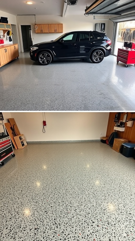 A garage showing a speckled epoxy floor and a sleek car parked on it.