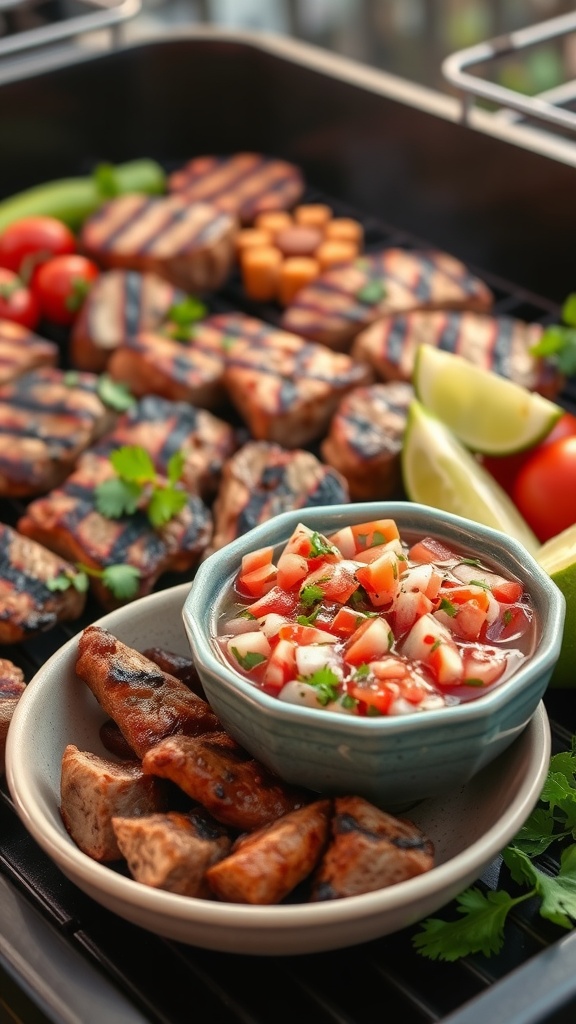 A bowl of Pico de Gallo next to grilled meats and vegetables.