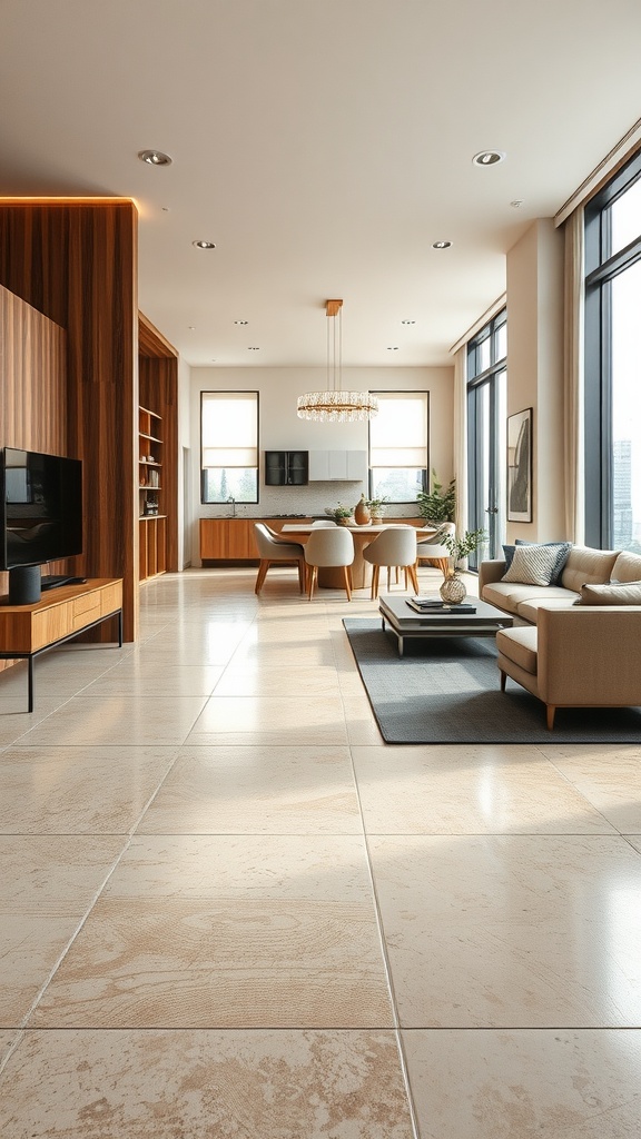 Modern living room featuring tan concrete floors and wooden accents.