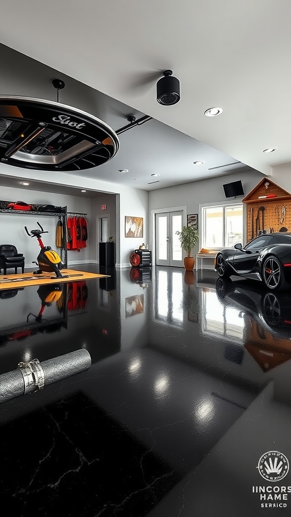 A modern home gym with a black epoxy floor and workout equipment.